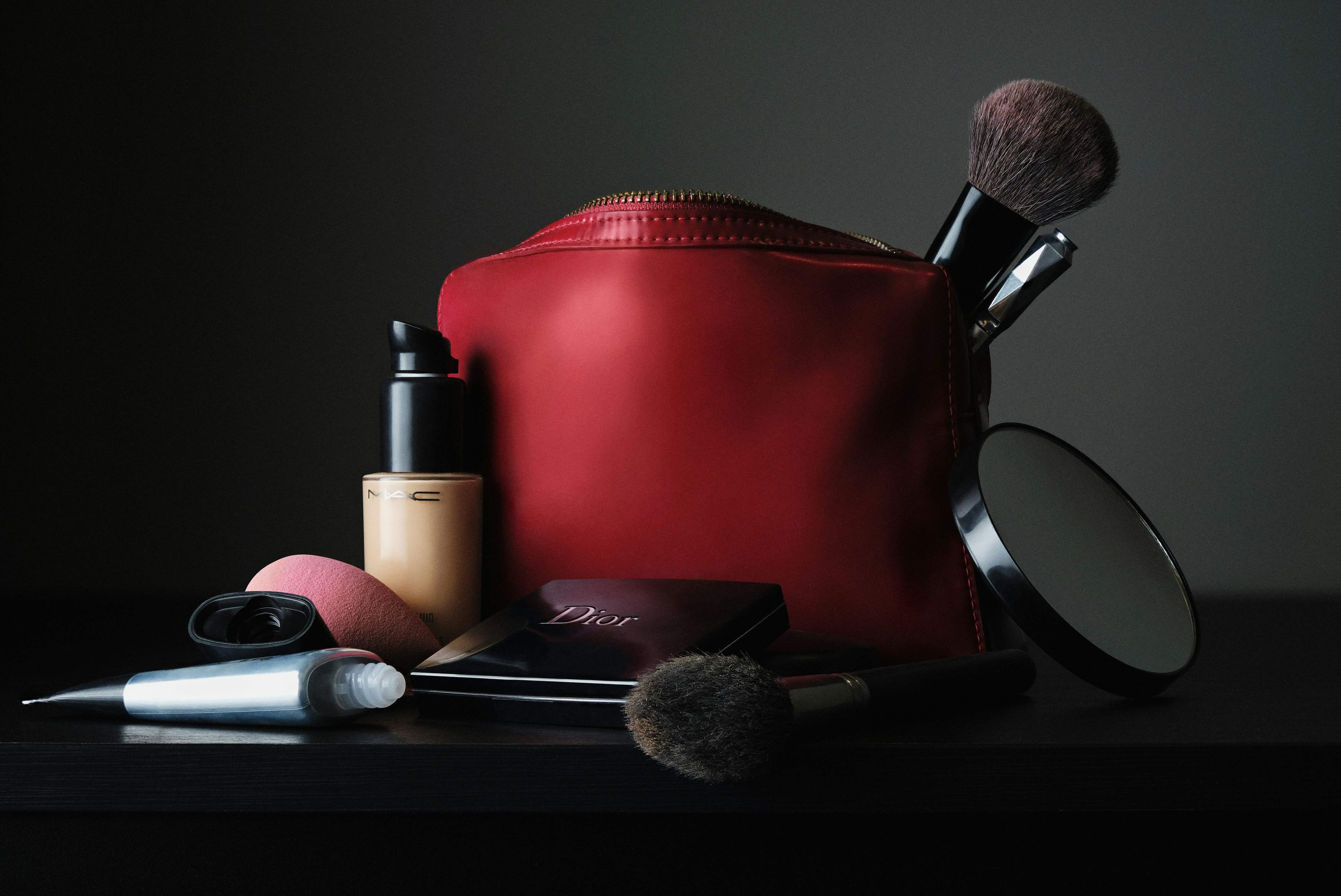 a makeup bag and products