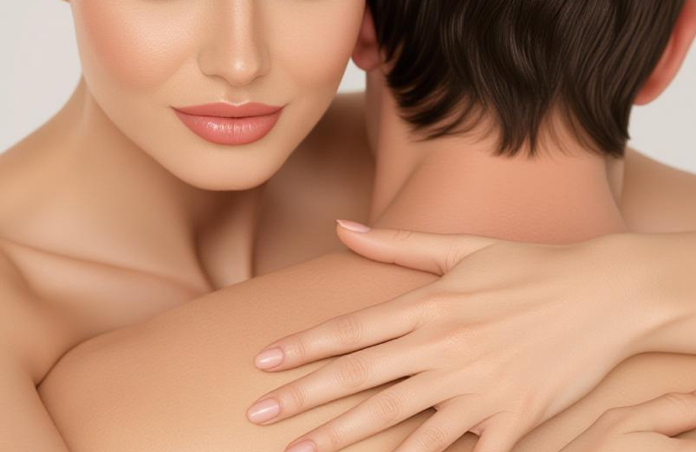 A close up of an escort and a man holding eachother shoulder to shoulder