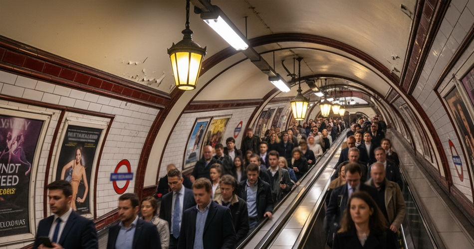 People boarding the tube during a busy time