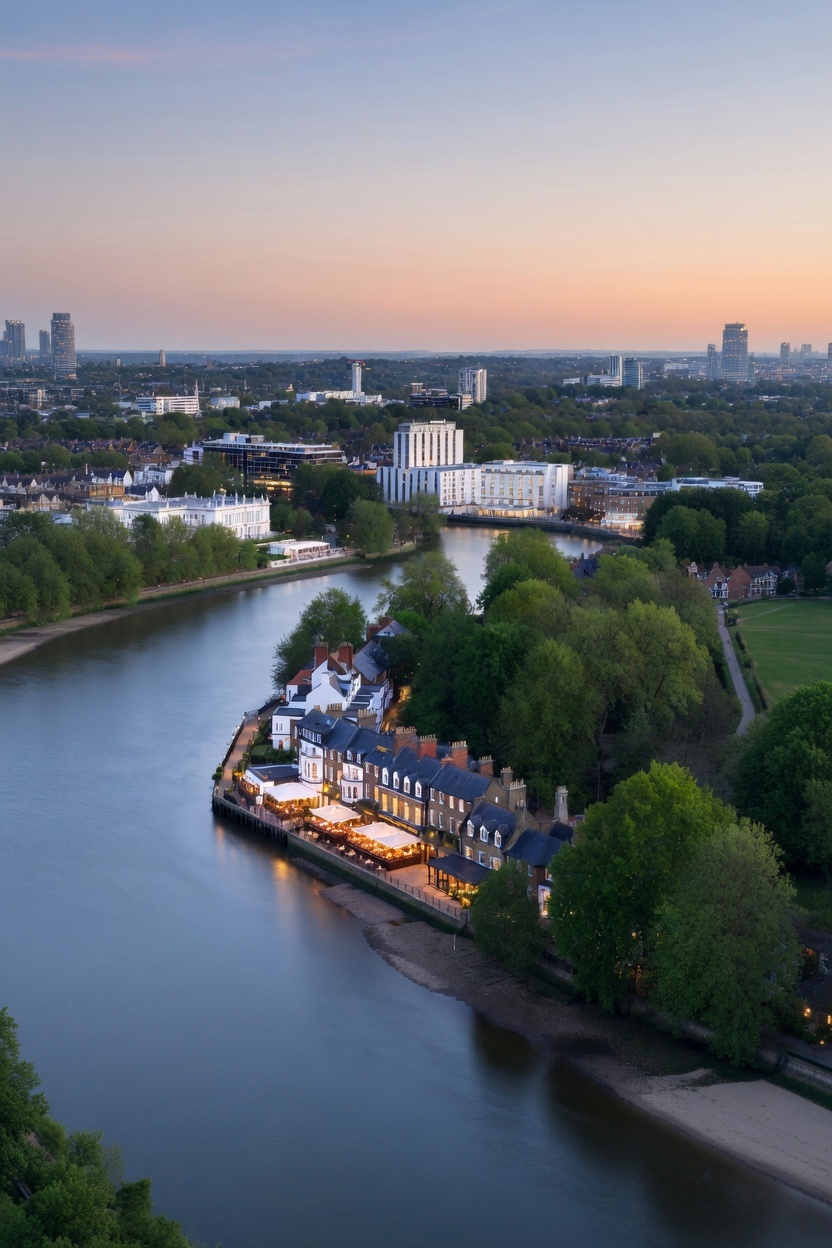 Aerial view of the pretty green part of Fulham on a Summer evening