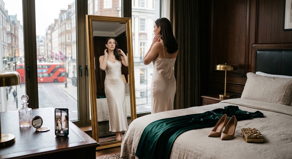 A model getting dressed in a white dress in her hotel room